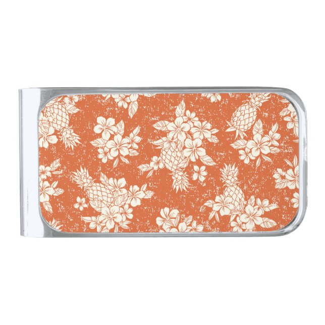Aloha Spirit: Hibiscus-Pineapple Harmony. Silver Finish Money Clip (Front)