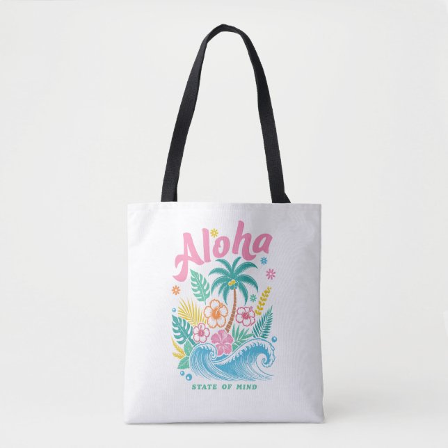 "Aloha State of Mind" Funny Boho Coastal  Tote Bag (Front)