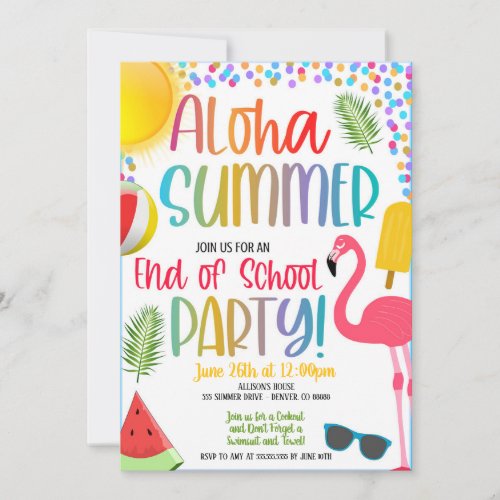 Aloha Summer End of School Pool Party Invitation