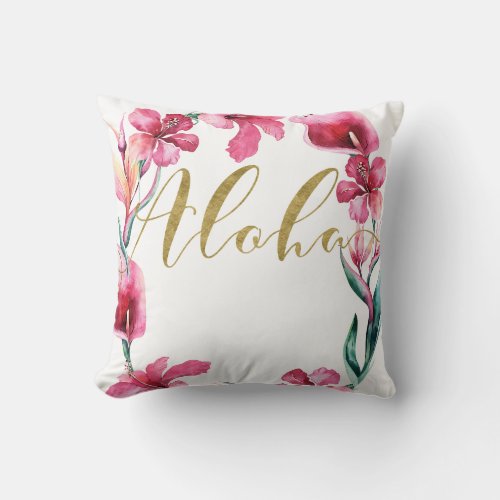 Aloha Summer Floral Hibiscus Flower Wreath Throw Pillow