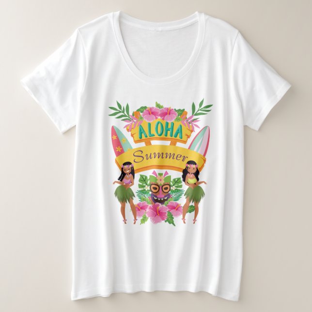 Aloha Summer Surf Tiki Totem Hawaiian Hula Dancers Plus Size T-Shirt (Design Front)