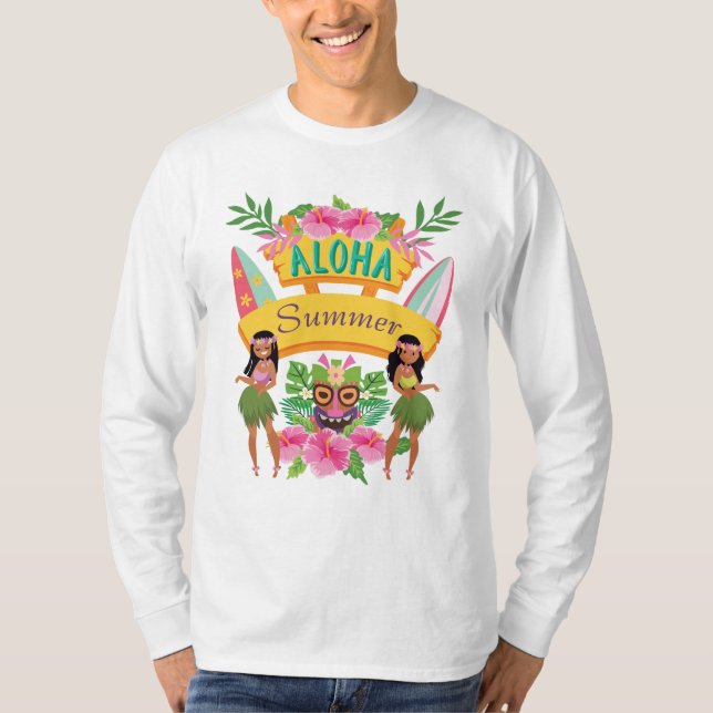 Aloha Summer Surf Tiki Totem Hawaiian Hula Dancers T-Shirt (Front)