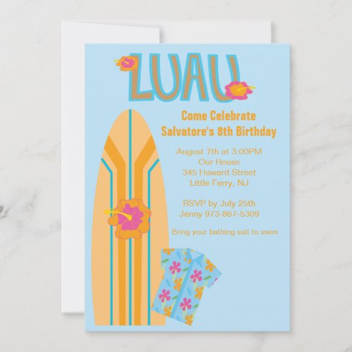 Aloha Surf Board Birthday Invitation