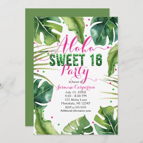 ALOHA SWEET 16 Sixteen Tropical Leaves Pink Green Invitation