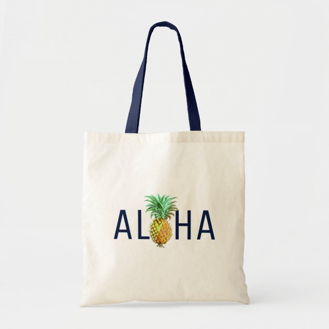 Aloha Text & Pineapple Tropical Design Tote Bag (Front)
