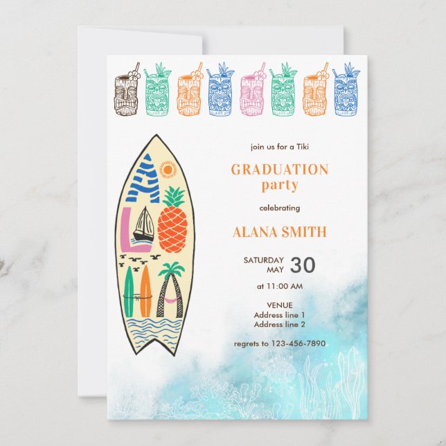Aloha TIKI GRADUATION Tropical Luau Hawaiian Party Invitation (Front)