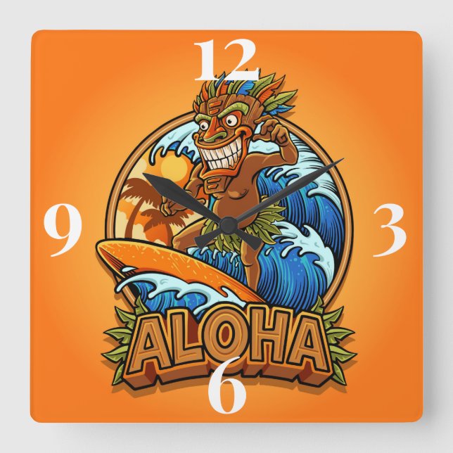 Aloha Tiki Man Square Wall Clock (Front)