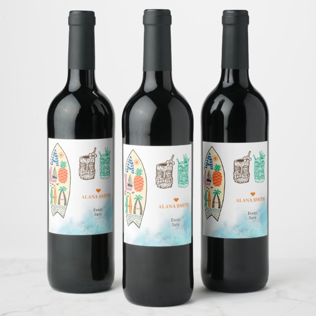 Aloha TIKI Surfboard Tropical Luau Hawaiian Party Wine Label (Bottles)