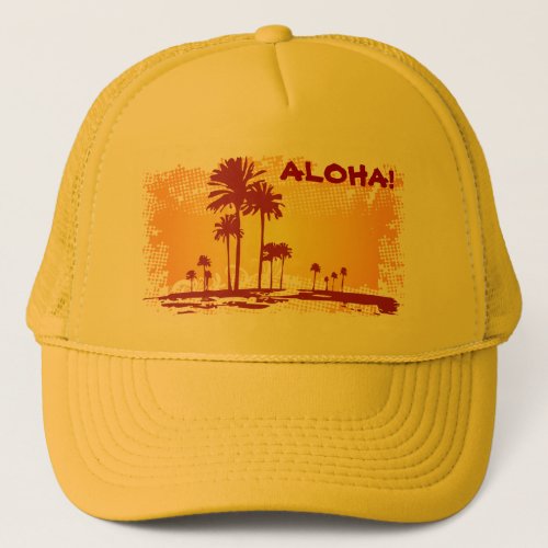 ALOHA Tropiacl Beach With Palm Trees Trucker Hat