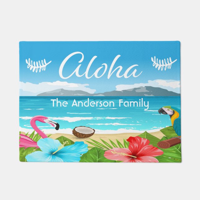 Aloha tropical beach flamingo florals family name doormat (Front)