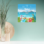 Aloha tropical beach flamingo florals square wall clock<br><div class="desc">A tropical,  Hawaiian beach with blue and red Hibiscus flowers,  palm leaves,  a flamingo and a blue and yellow parrot. A coconut on the sandy beach,  blue ocean with waves and the blue sky.  White text: Aloha.
A clock for your summer home or beach house.</div>