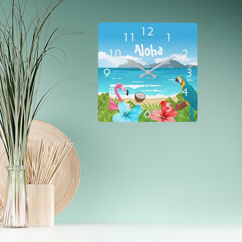 Aloha tropical beach flamingo florals square wall clock