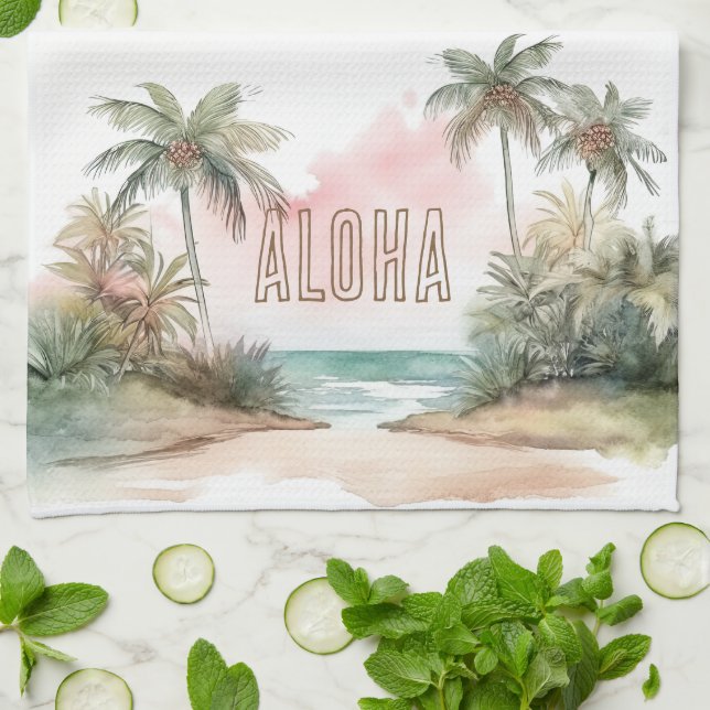 Aloha Tropical Beach Palm Trees Kitchen Towel (Folded)