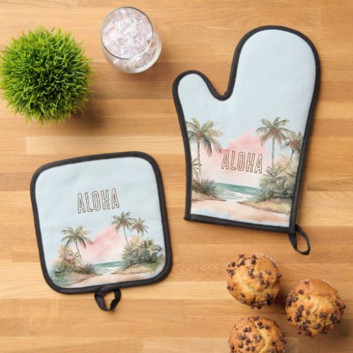 Aloha Tropical Beach Palm Trees Oven Mitt  Pot Holder Set