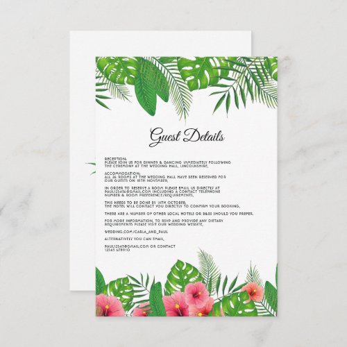 Aloha Tropical Beach Wedding Guest Details Enclosure Card