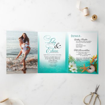 Aloha Tropical Beach Wedding Tri-fold Invitation by glamprettyweddings at Zazzle
