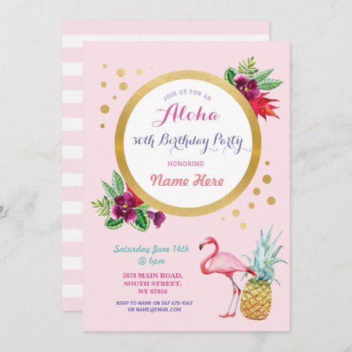 Aloha Tropical Birthday Flamingo Party Invitation