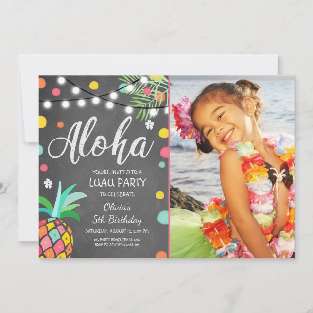 Aloha Tropical Birthday party invite Hawaii Luau (Front)