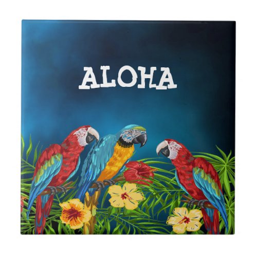 Aloha tropical blue sky parrots palm leaves ceramic tile