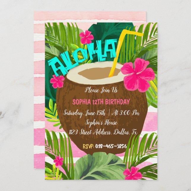 Aloha Tropical Coconut Birthday Invitation (Front/Back)
