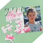 Aloha tropical custom PHOTO birthday keepsake gift Jigsaw Puzzle<br><div class="desc">Aloha handwritten style typography script 5 years girl trendy Hawaiian luau photo birthday keepsake gift featuring fuchsia pink flamingo birds and green tropical leaves.                    It can be a surprise or long-distance virtual celebration personalized keepsake gifts for children or teens summer birthday.</div>