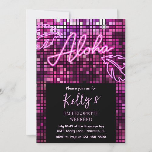 Aloha Tropical Disco Bachelorette Weekend Neon Invitation