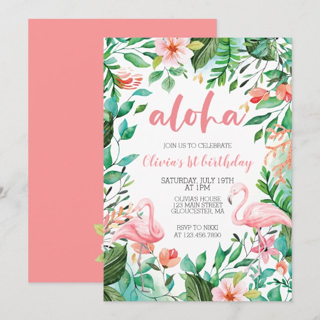 Aloha Tropical first birthday flamingo luau Invitation (Front/Back)