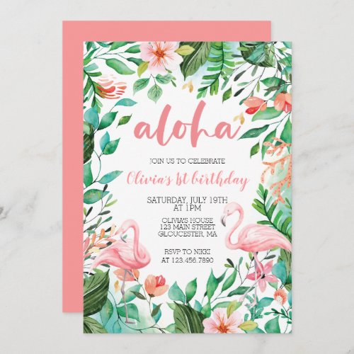 Aloha Tropical first birthday flamingo luau Invitation