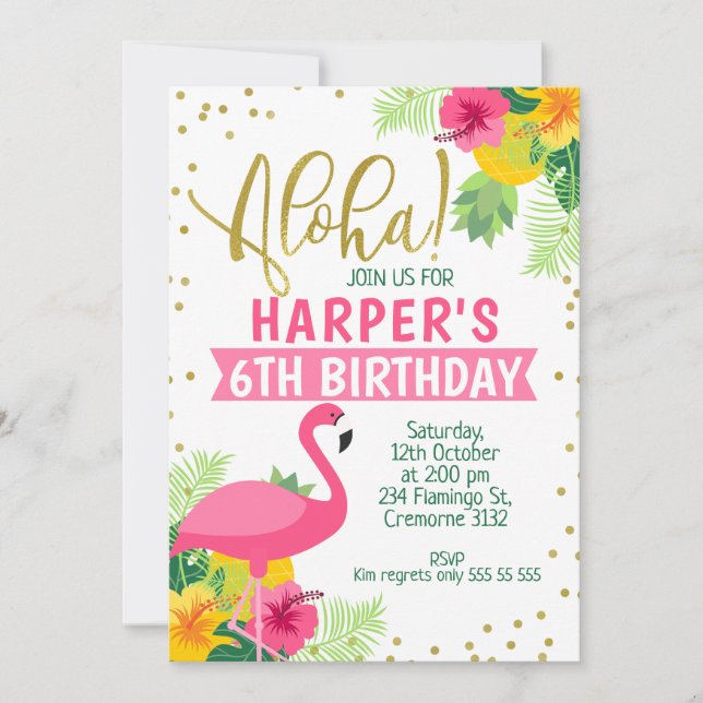 Aloha Tropical Flamingo Birthday Invitation (Front)