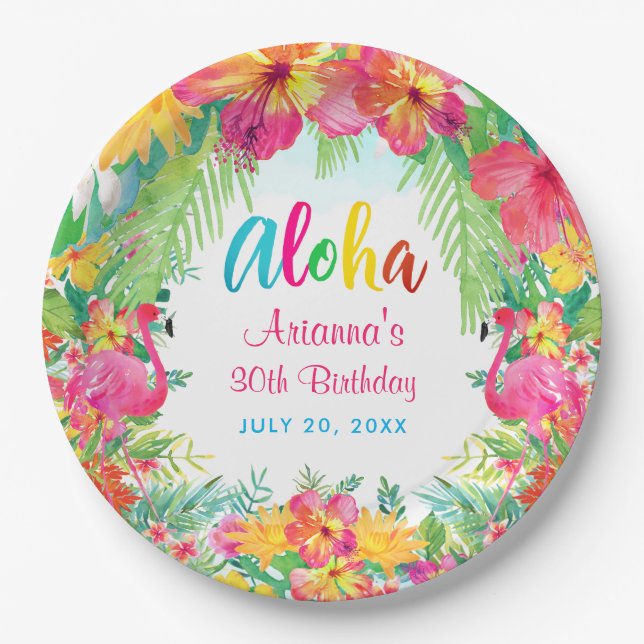 Aloha Tropical Flamingo Birthday Luau Party  Paper Plates (Front)