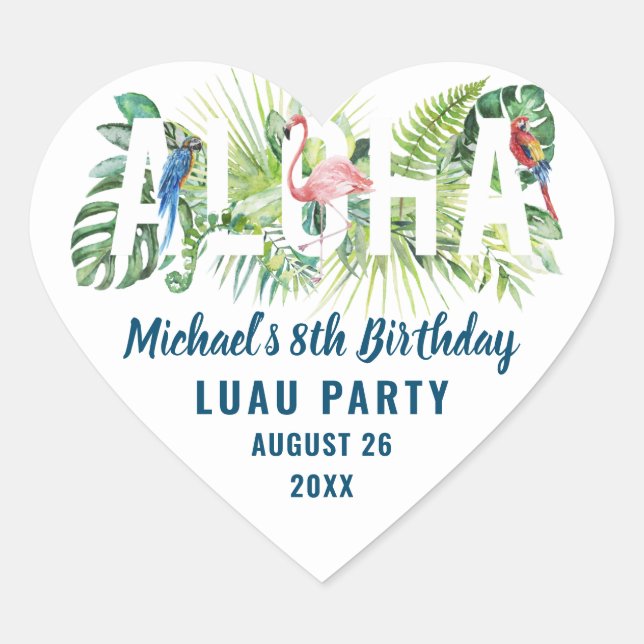 Aloha Tropical Flamingo Birthday Party Favor Heart Sticker (Front)