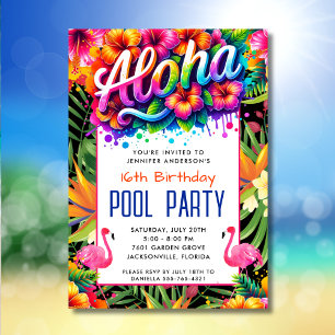 Aloha Tropical Flamingo Birthday Pool Party Invitation