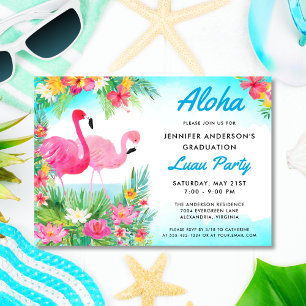 Aloha Tropical Flamingo Graduation Luau Party Blue Invitation