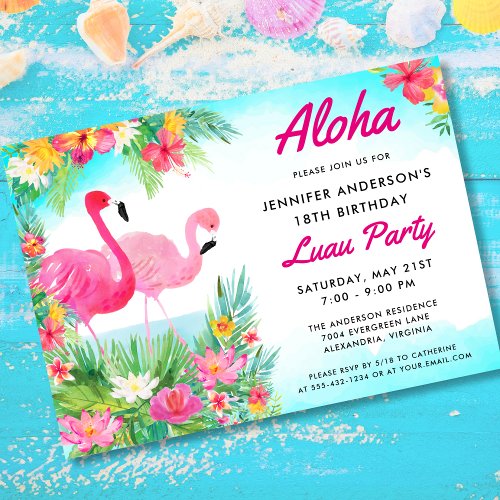 Aloha Tropical Flamingo Luau Birthday Party Invitation