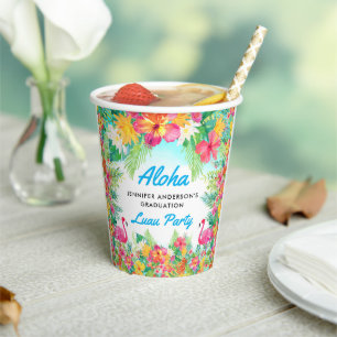 Aloha Tropical Flamingo Luau Graduation Paper Cups