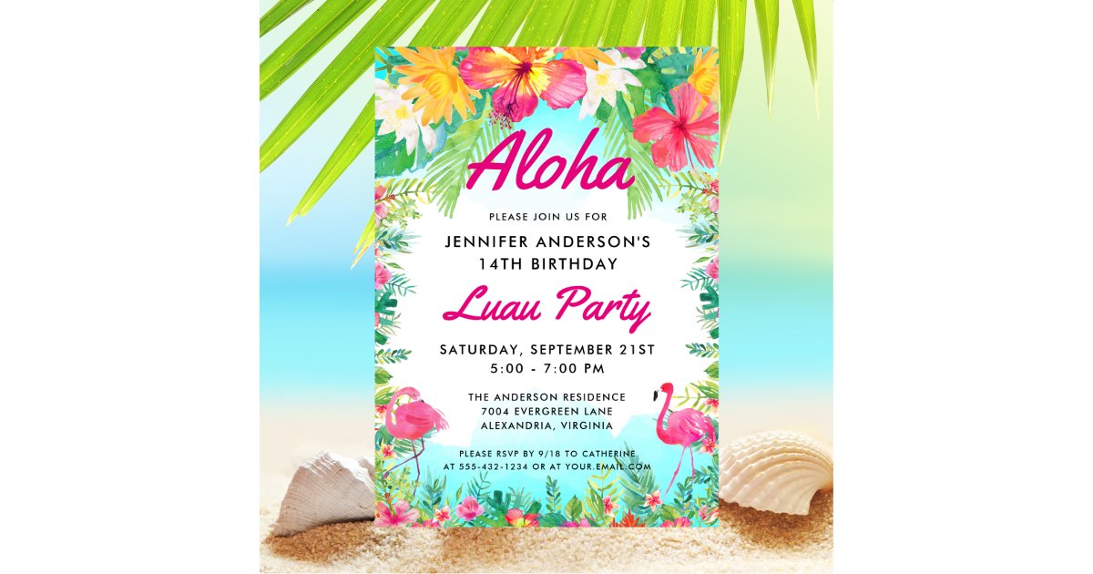 Aloha Tropical Flamingo Luau Party Birthday Invitation | Zazzle