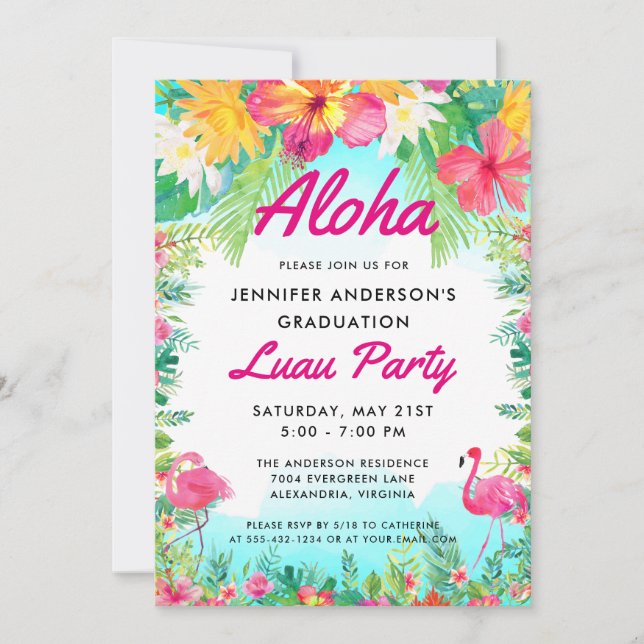 Aloha Tropical Flamingo Luau Party Graduation Invitation (Front)