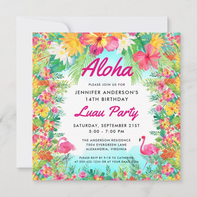 Aloha Tropical Flamingo Luau Party Square Birthday Invitation (Front)