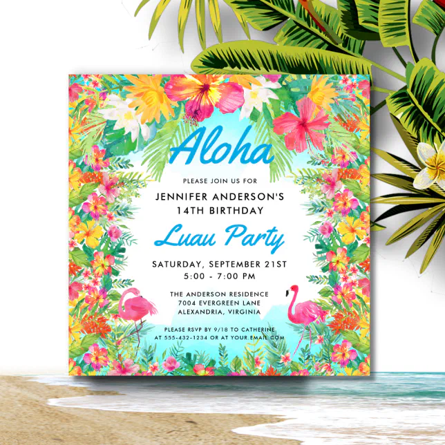 Aloha Tropical Flamingo Luau Party Square Birthday Invitation | Zazzle