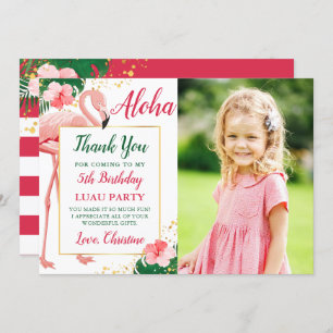 Aloha Tropical Flamingo Pink Floral Birthday Photo Thank You Card