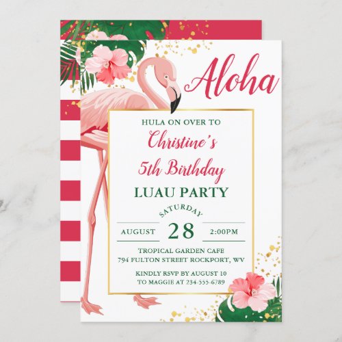 Aloha Tropical Flamingo Pink Floral Luau Birthday Invitation