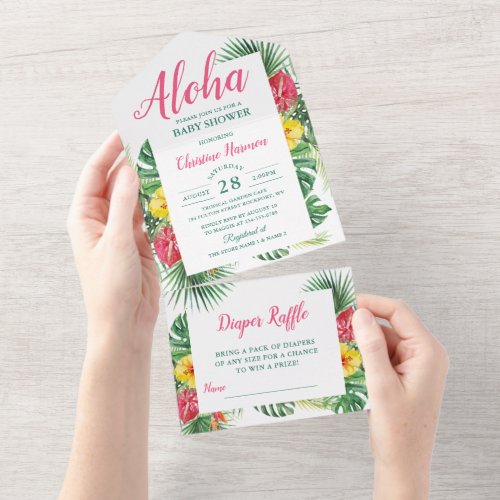 Aloha Tropical Floral Baby Shower  Diaper Raffle All In One Invitation