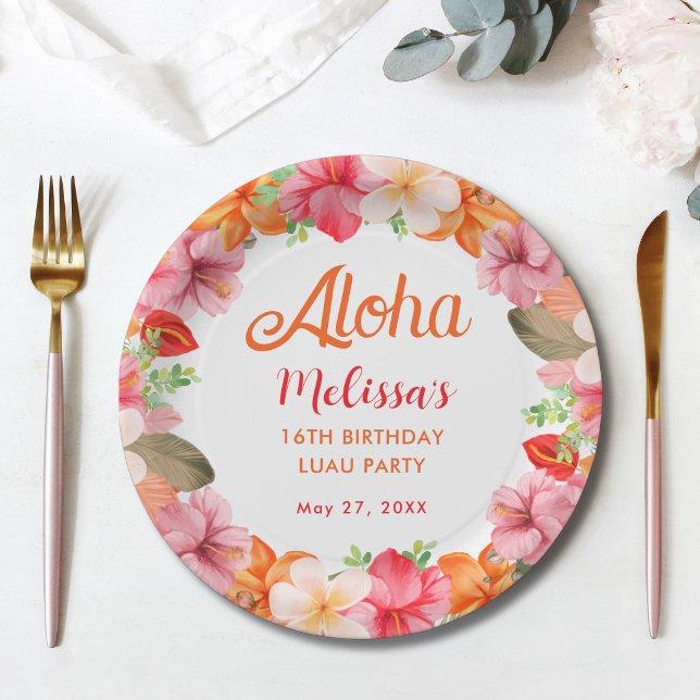 Aloha Tropical Floral Birthday Luau Party  Paper Plates (Creator Uploaded)