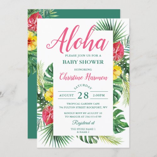 Aloha Tropical Floral Pink Baby Shower Invitation