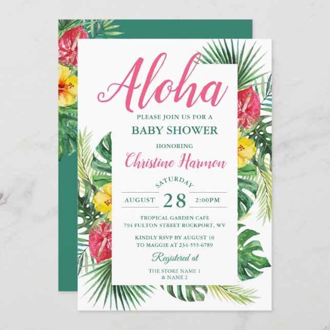 Aloha Tropical Floral Pink Baby Shower Invitation (Front/Back)