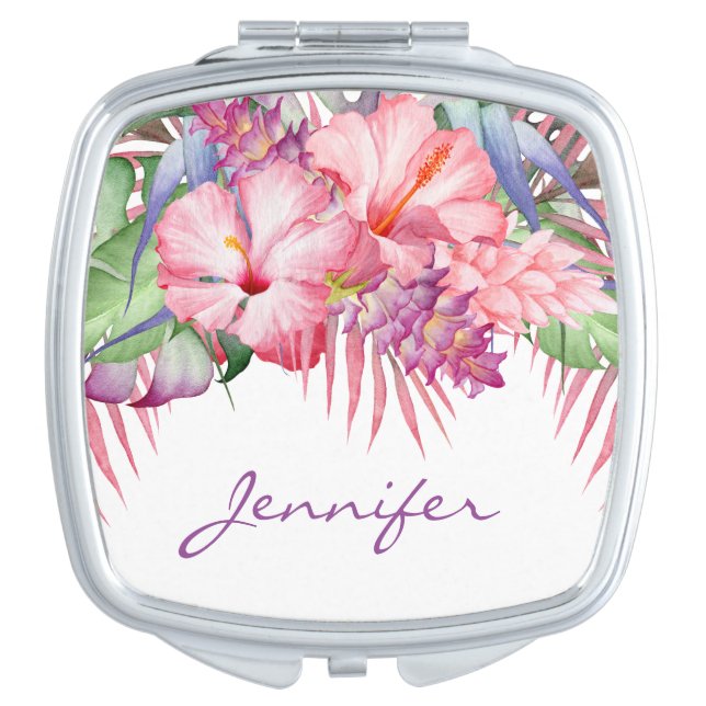Aloha Tropical Floral with Monogram Compact Mirror (Front)