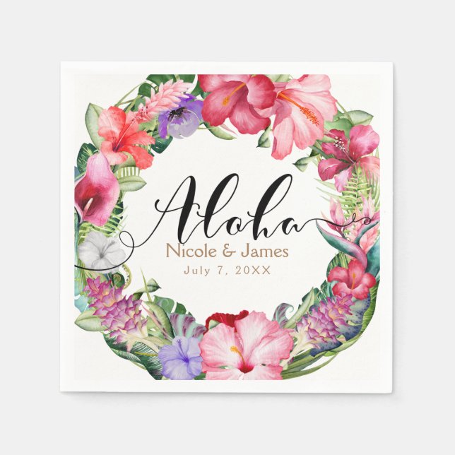 Aloha Tropical Floral Wreath Luau Wedding Party Paper Napkins (Front)