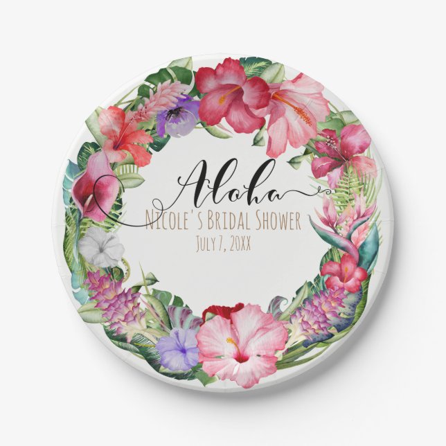 Aloha Tropical Floral Wreath Luau Wedding Party Paper Plates (Front)