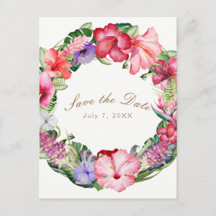 Aloha Tropical Floral Wreath Wedding Save the Date Announcement Postcard