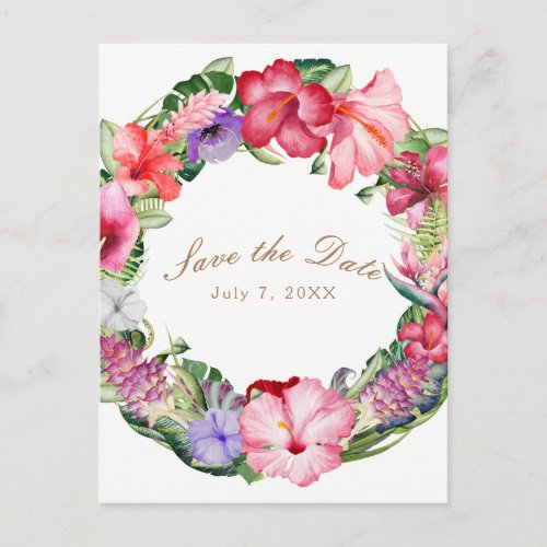 Aloha Tropical Floral Wreath Wedding Save the Date Announcement Postcard